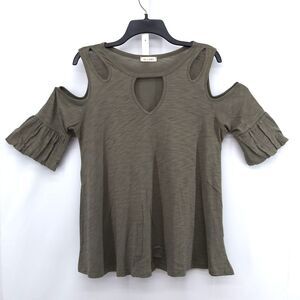 Nu Label Shirt Womens Size L Olive Green Cold Shoulder 3/4 Sleeve Pullover Top